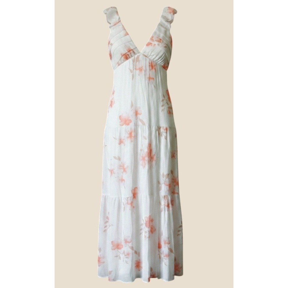 HUNTER & BROWN Maxi Dress Womens Small White Peach HBD1518TJ Floral Boho Ruffle